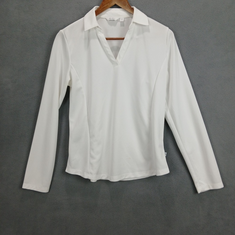 Lady Hagen Shirt Womens Medium White Textured Print Long Sleeve Collared Casual